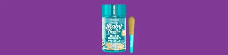 Baby Jeeter Milk Man 5 pk against a purple background.