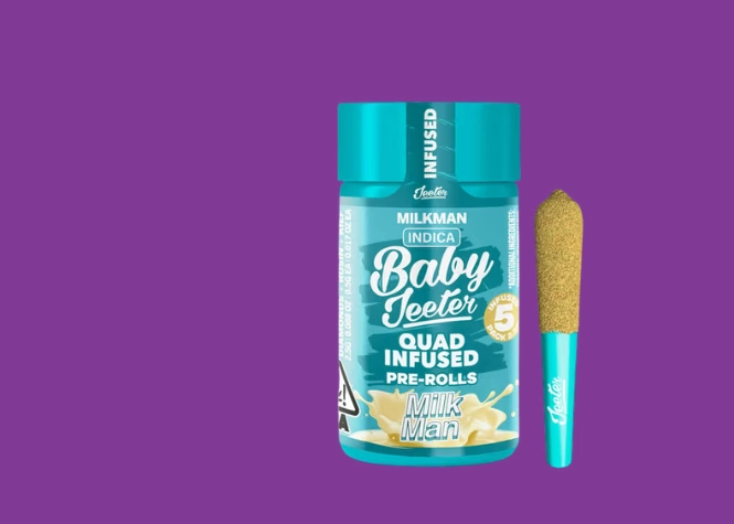 Baby Jeeter Milk Man 5 pk against a purple background.
